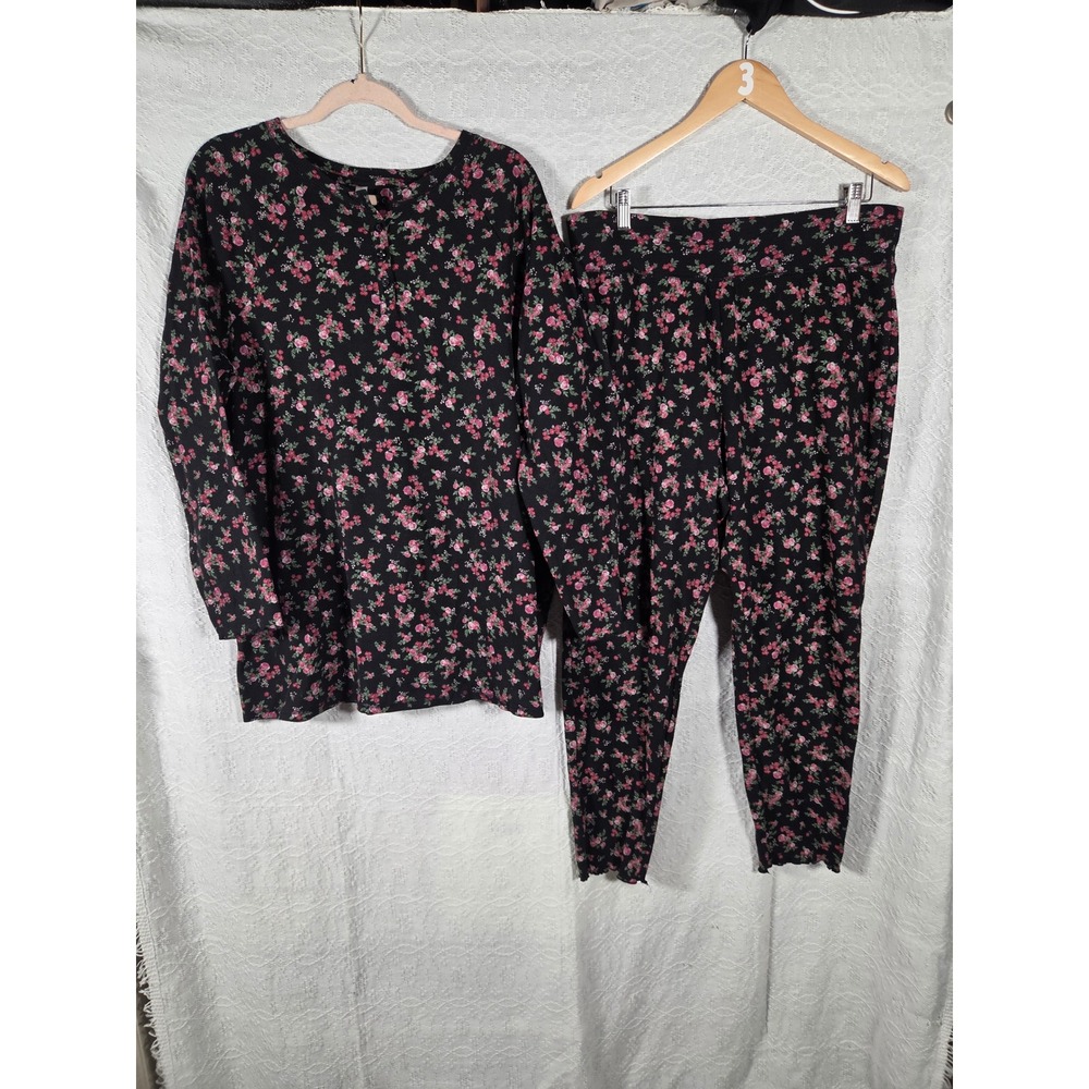 Sleep by Cacique Womens Floral Waffle Knit Henley Pajama Set Black Pink 18/20